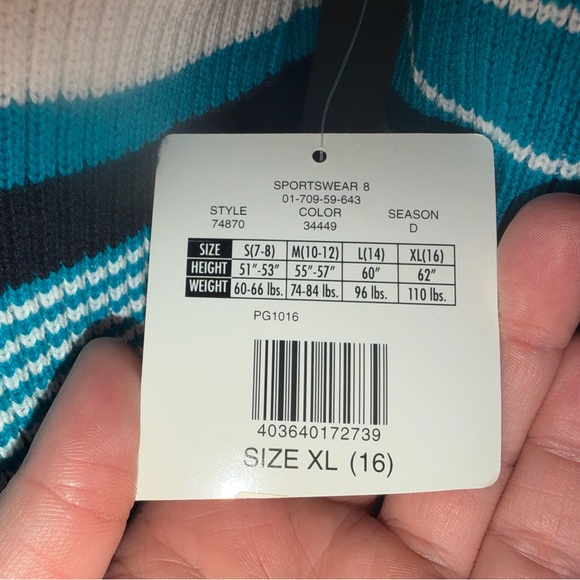 NWT Women’s juniors global ID XL shirt, Striped Teal and White Women's Sweater - Picture 7 of 7